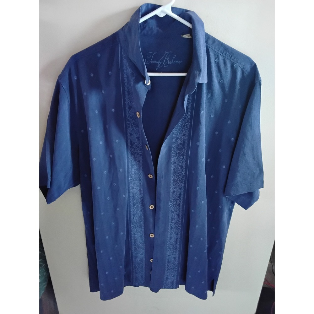 Tommy Bahama Mens Large Blue 100% Silk Embroidered Short Sleeve Camp Shirt